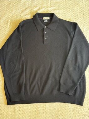 Kinross Black Cashmere Polo Sweater with Subtle Purple Trim
